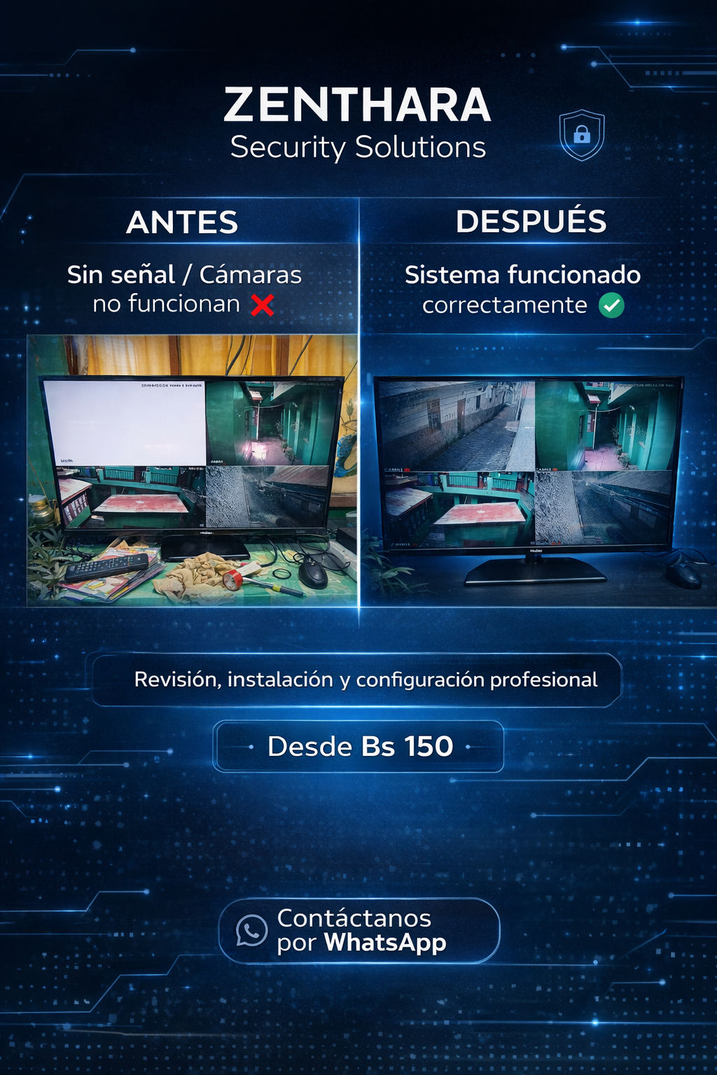 Instalación profesional de cámaras ZENTHARA – antes y después